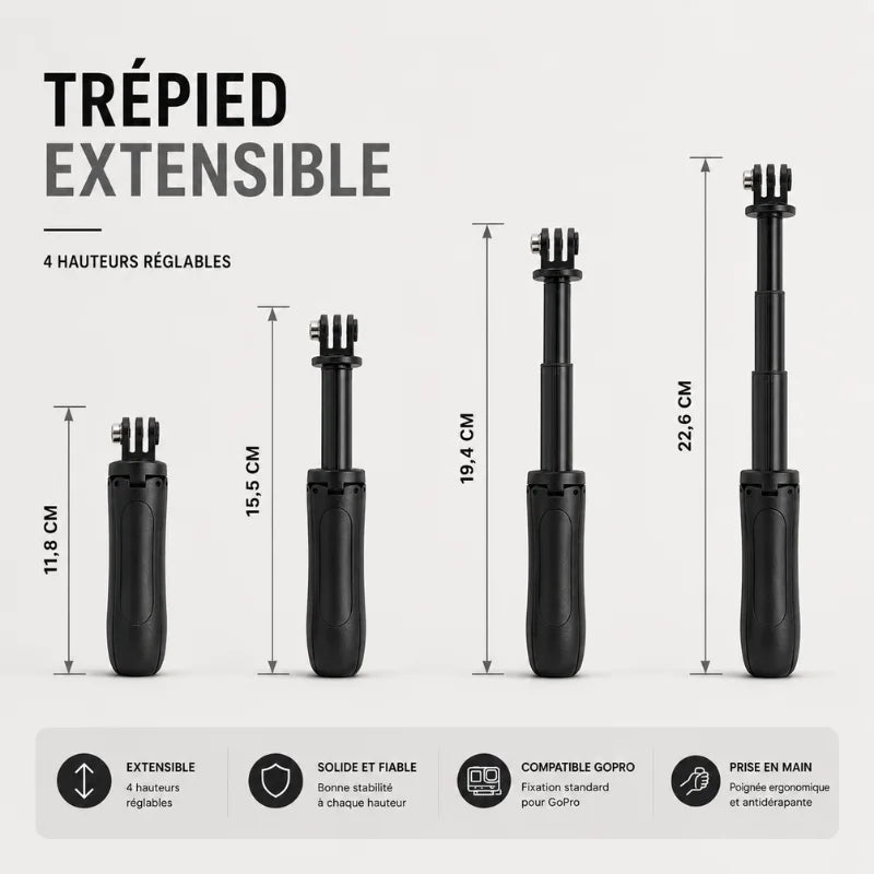 Infographie mini trépied GoPro extensible noir montrant 4 hauteurs : 11,8 cm, 15,5 cm, 19,4 cm et 22,6 cm - 4 avantages : extensible, solide et fiable, compatible GoPro, prise en main ergonomique antidérapante