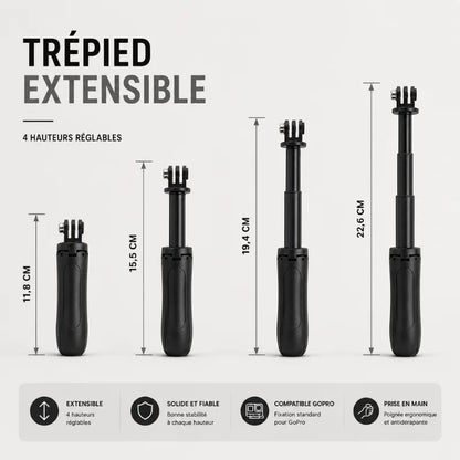 Infographie mini trépied GoPro extensible noir montrant 4 hauteurs : 11,8 cm, 15,5 cm, 19,4 cm et 22,6 cm - 4 avantages : extensible, solide et fiable, compatible GoPro, prise en main ergonomique antidérapante