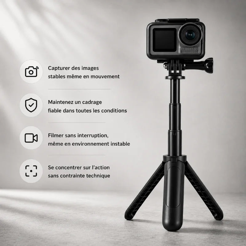 Mini trépied GoPro noir avec caméra GoPro noire montée dessus, trois pieds déployés - infographie 4 avantages : capturer images stables meme en mouvement, maintenir cadrage fiable, filmer sans interruption, se concentrer sur l action
