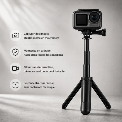 Mini trépied GoPro noir avec caméra GoPro noire montée dessus, trois pieds déployés - infographie 4 avantages : capturer images stables meme en mouvement, maintenir cadrage fiable, filmer sans interruption, se concentrer sur l action