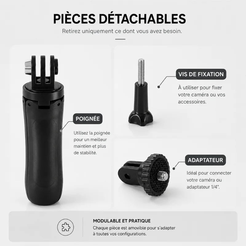 Infographie pieces detachables mini trépied GoPro noir : poignée noire, vis de fixation et adaptateur 1/4 - modulable et pratique, chaque piece est amovible