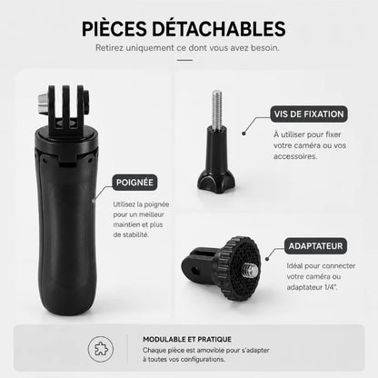 Infographie pieces detachables mini trépied GoPro noir : poignée noire, vis de fixation et adaptateur 1/4 - modulable et pratique, chaque piece est amovible