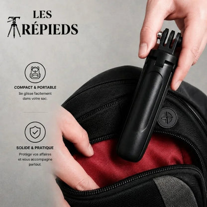 Main glissant mini trépied GoPro noir replié dans une poche de sac a dos - logo Les Trépieds - infographie : compact et portable, solide et pratique