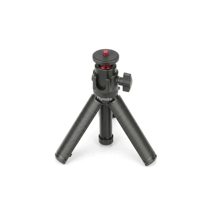 Mini trépied Flymile noir compact avec rotule noire et vis rouge en haut, trois pieds courts robustes dépliés, sur fond blanc
