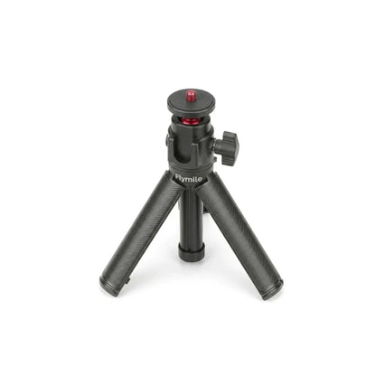 Mini trépied Flymile noir compact avec rotule noire et vis rouge en haut, trois pieds courts robustes dépliés, sur fond blanc