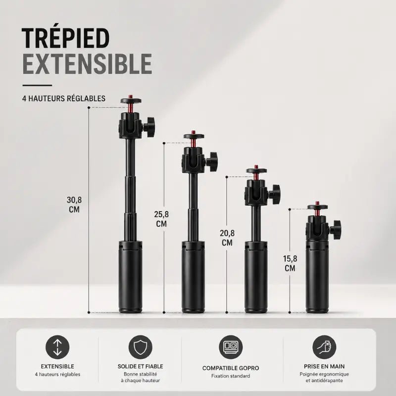 Infographie trépied extensible Flymile 4 hauteurs réglables : 15,8 cm, 20,8 cm, 25,8 cm et 30,8 cm - extensible, solide et fiable, compatible GoPro, poignée ergonomique antidérapante