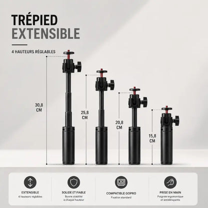 Infographie trépied extensible Flymile 4 hauteurs réglables : 15,8 cm, 20,8 cm, 25,8 cm et 30,8 cm - extensible, solide et fiable, compatible GoPro, poignée ergonomique antidérapante