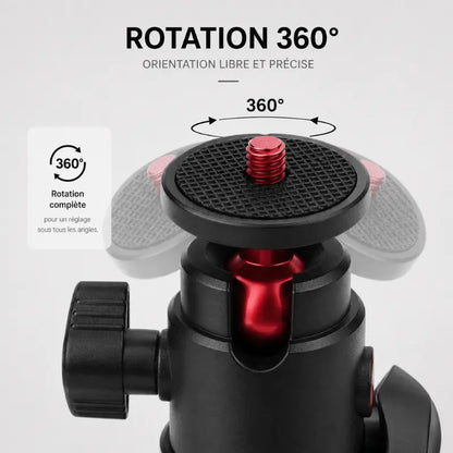 Gros plan rotule du mini trépied Flymile avec vis rouge et disque de fixation - rotation 360 degres libre et précise