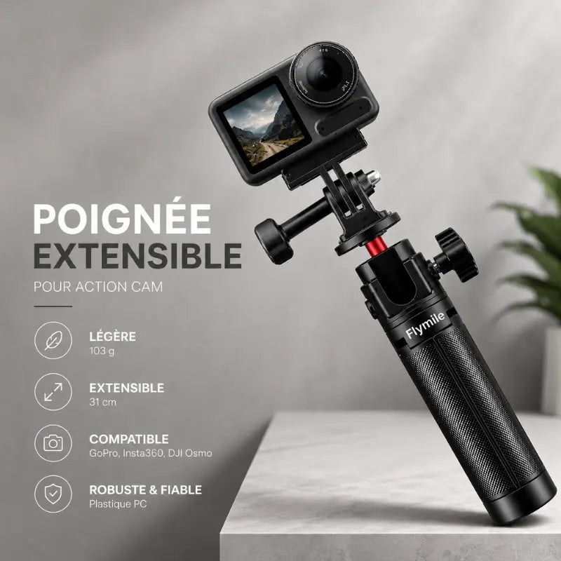 Mini trépied Flymile avec caméra d action montée - poignée extensible pour action cam - 103 g, extensible 31 cm, compatible GoPro Insta360 DJI Osmo, robuste et fiable