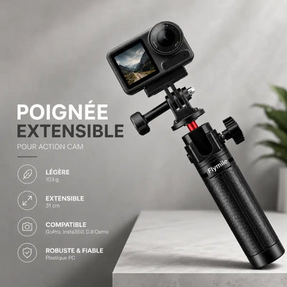 Mini trépied Flymile avec caméra d action montée - poignée extensible pour action cam - 103 g, extensible 31 cm, compatible GoPro Insta360 DJI Osmo, robuste et fiable