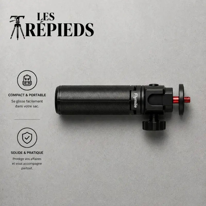 Mini trépied Flymile replié à plat vue du dessus sur fond gris beton - logo Les Trépieds - infographie : compact et portable, solide et pratique