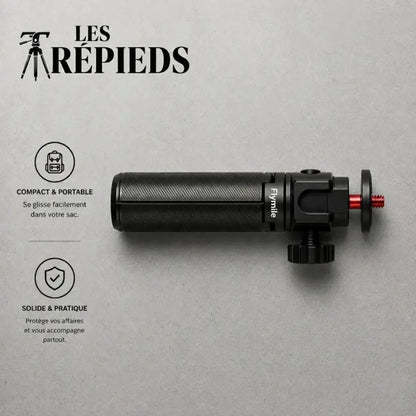 Mini trépied Flymile replié à plat vue du dessus sur fond gris beton - logo Les Trépieds - infographie : compact et portable, solide et pratique