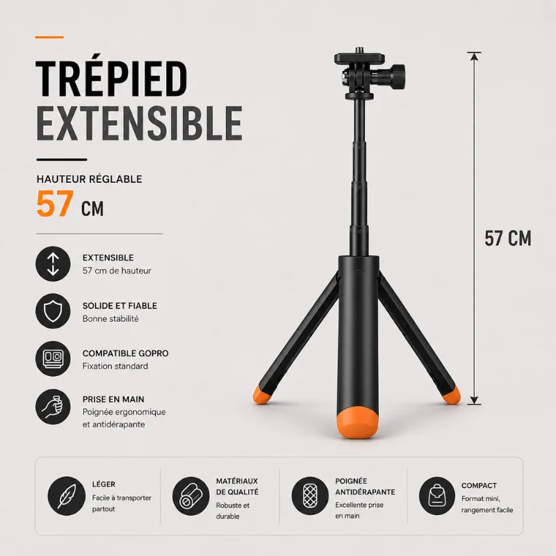 Infographie trépied GoPro extensible 57 cm : hauteur réglable 57 cm, extensible, solide et fiable, compatible GoPro, prise en main ergonomique antidérapante
