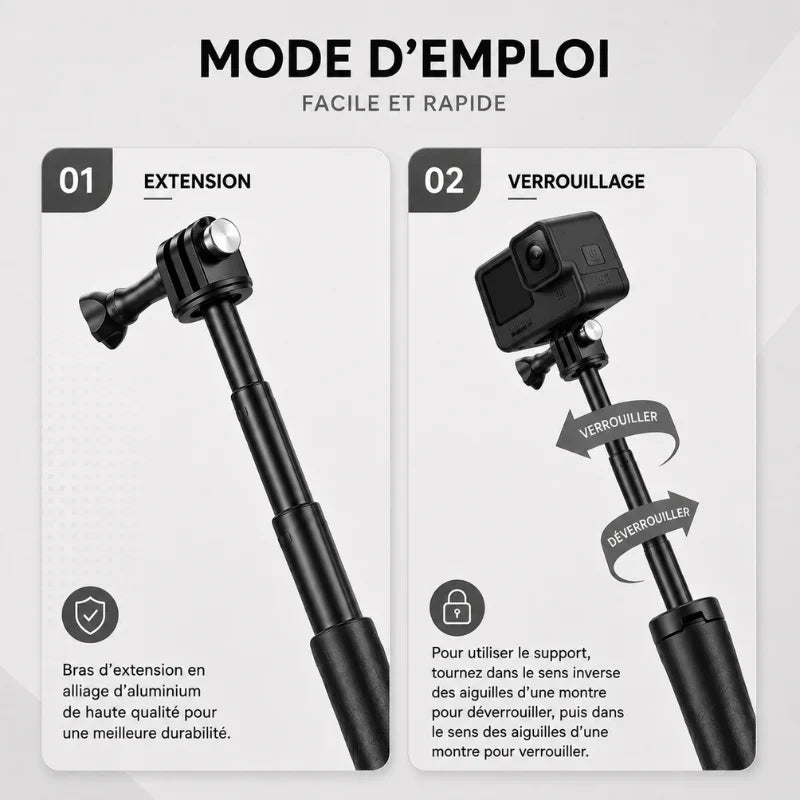 Infographie mode d emploi en 2 étapes : extension de la tige puis verrouillage avec caméra GoPro montée