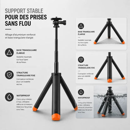 Infographie support stable pour prises sans flou : base triangulaire elargie, structure triangulaire fixé, waterproof - trépied sous l eau et en surface