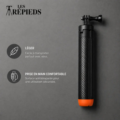 Mini trépied GoPro noir replié à plat sur fond gris beton - logo Les Trépieds - infographie : léger, prise en main confortable