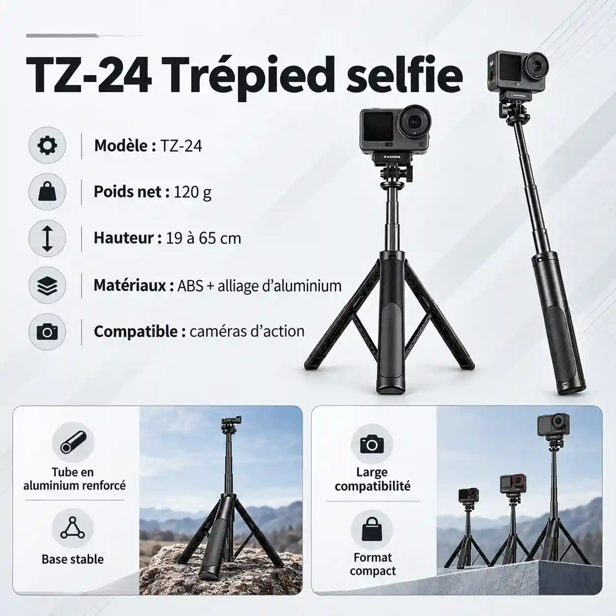Trépied GoPro 65 CM Noir - format plié et transport du trépied pour téléphone, GoPro, Insta360 & DJI Osmo, Perche Selfie & Fixation Rapide