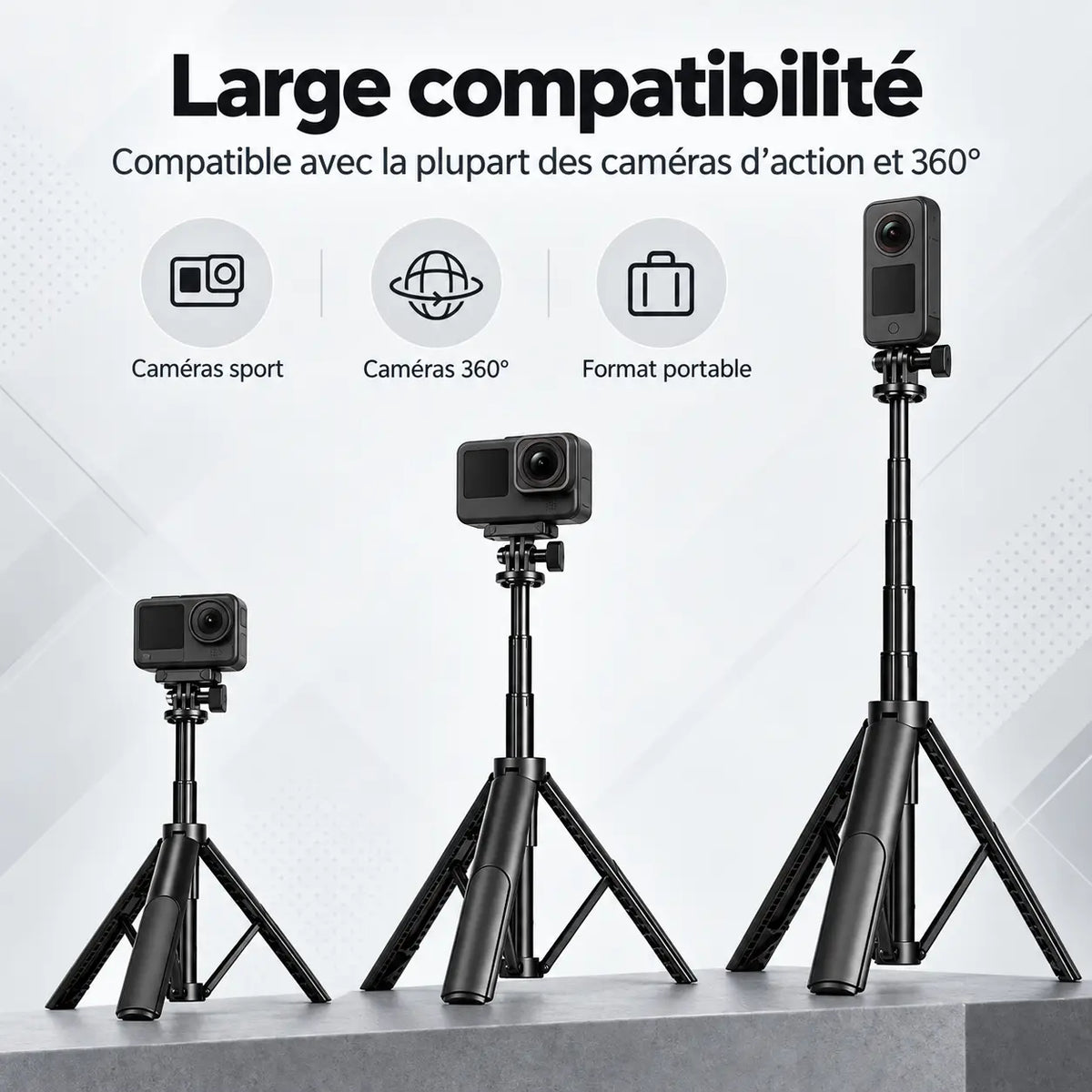 Trépied GoPro 65 CM Noir - réglage et fixation du trépied pour téléphone, GoPro, Insta360 & DJI Osmo, Perche Selfie & Fixation Rapide