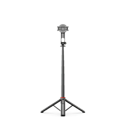 Trépied perche iPhone noir 130 cm extensible avec support magnétique rotatif en haut, anneau rouge en bas de tige, trois pieds déployés, sur fond blanc