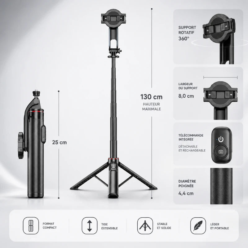 Infographie trépied iPhone noir 130 cm : hauteur maximale 130 cm, format replié 25 cm, support rotatif 360 degres largeur 8 cm, télécommande rechargeable, diametre poignée 4,4 cm - 4 avantages : compact, extensible, stable, léger