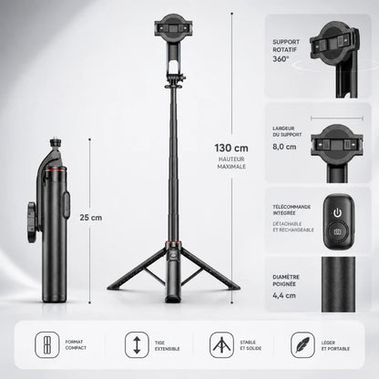 Infographie trépied iPhone noir 130 cm : hauteur maximale 130 cm, format replié 25 cm, support rotatif 360 degres largeur 8 cm, télécommande rechargeable, diametre poignée 4,4 cm - 4 avantages : compact, extensible, stable, léger