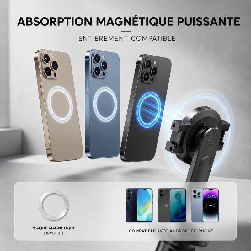 Infographie absorption magnétique trépied iPhone : 3 iPhones or bleu noir avec cercle magnétique MagSafe se fixant sur le support, plaque magnétique incluse, compatible Android et iPhone