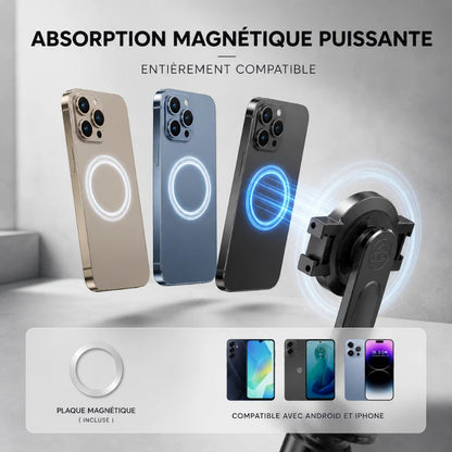 Infographie absorption magnétique trépied iPhone : 3 iPhones or bleu noir avec cercle magnétique MagSafe se fixant sur le support, plaque magnétique incluse, compatible Android et iPhone