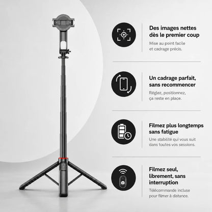 Trépied iPhone noir 130 cm avec support magnétique rotatif - infographie 4 avantages : images nettes des le premier coup, cadrage parfait, filmer longtemps sans fatigue, filmer seul librement avec télécommande incluse