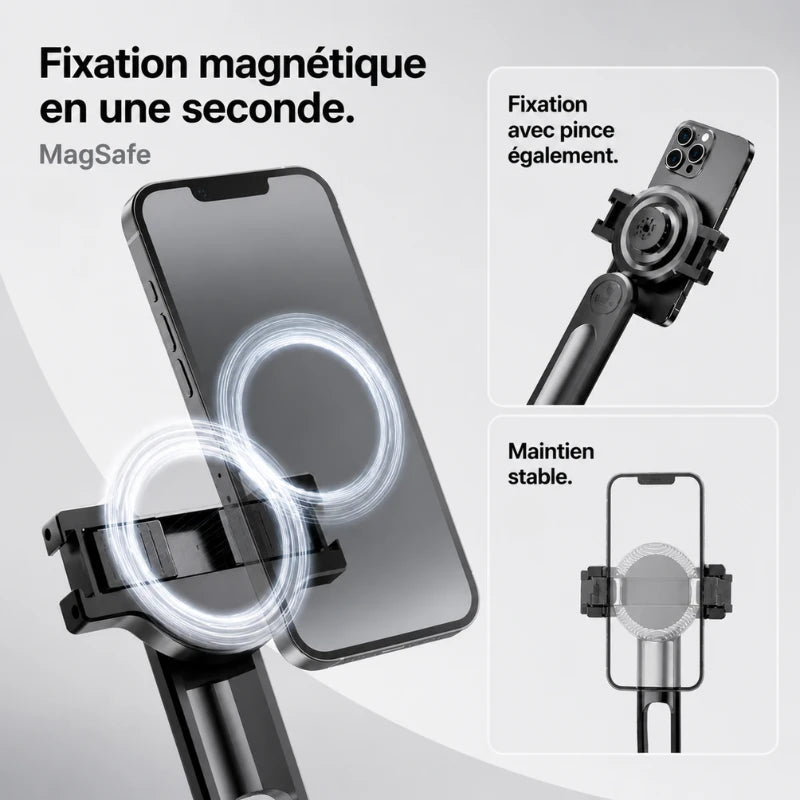 Infographie fixation magnétique MagSafe trépied iPhone en une seconde : iPhone fixé magnétiquement sur support rotatif, fixation avec pince egalement, maintien stable