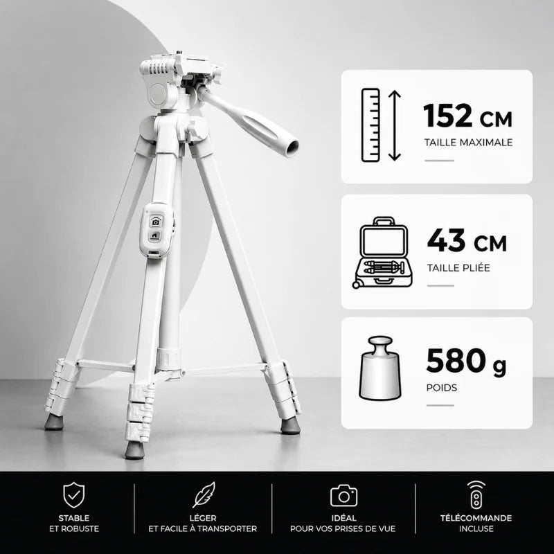 Infographie trépied blanc : taille maximale 152 cm, taille pliee 43 cm, poids 580 g - 4 avantages : stable et robuste, léger et facile a transporter, idéal pour vos prises de vue, télécommande incluse