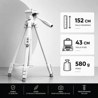 Infographie trépied blanc : taille maximale 152 cm, taille pliee 43 cm, poids 580 g - 4 avantages : stable et robuste, léger et facile a transporter, idéal pour vos prises de vue, télécommande incluse