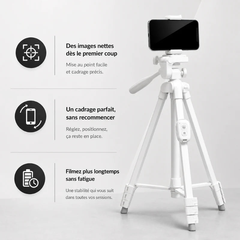 Trépied blanc avec smartphone fixé en pince blanche - infographie 3 avantages : images nettes des le premier coup, cadrage parfait sans recommencer, filmez plus longtemps sans fatigue