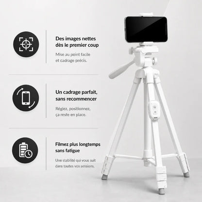 Trépied blanc avec smartphone fixé en pince blanche - infographie 3 avantages : images nettes des le premier coup, cadrage parfait sans recommencer, filmez plus longtemps sans fatigue