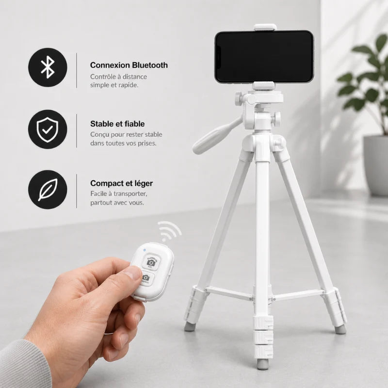 Trépied blanc avec smartphone fixé, main tenant une télécommande Bluetooth blanche - infographie 3 avantages : connexion Bluetooth, stable et fiable, compact et léger