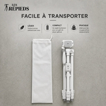 Trépied iPhone blanc replié à plat a côté d un pochon de transport blanc en tissu - logo Les Trépieds - infographie : léger, compact, pratique