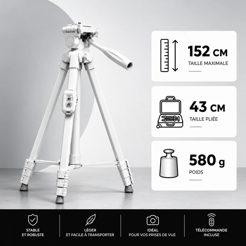 Trépied iPhone 152 CM Blanc - hauteur 152 cm, 43 cm plié et 580 g du trépied pour téléphone, Support Téléphone