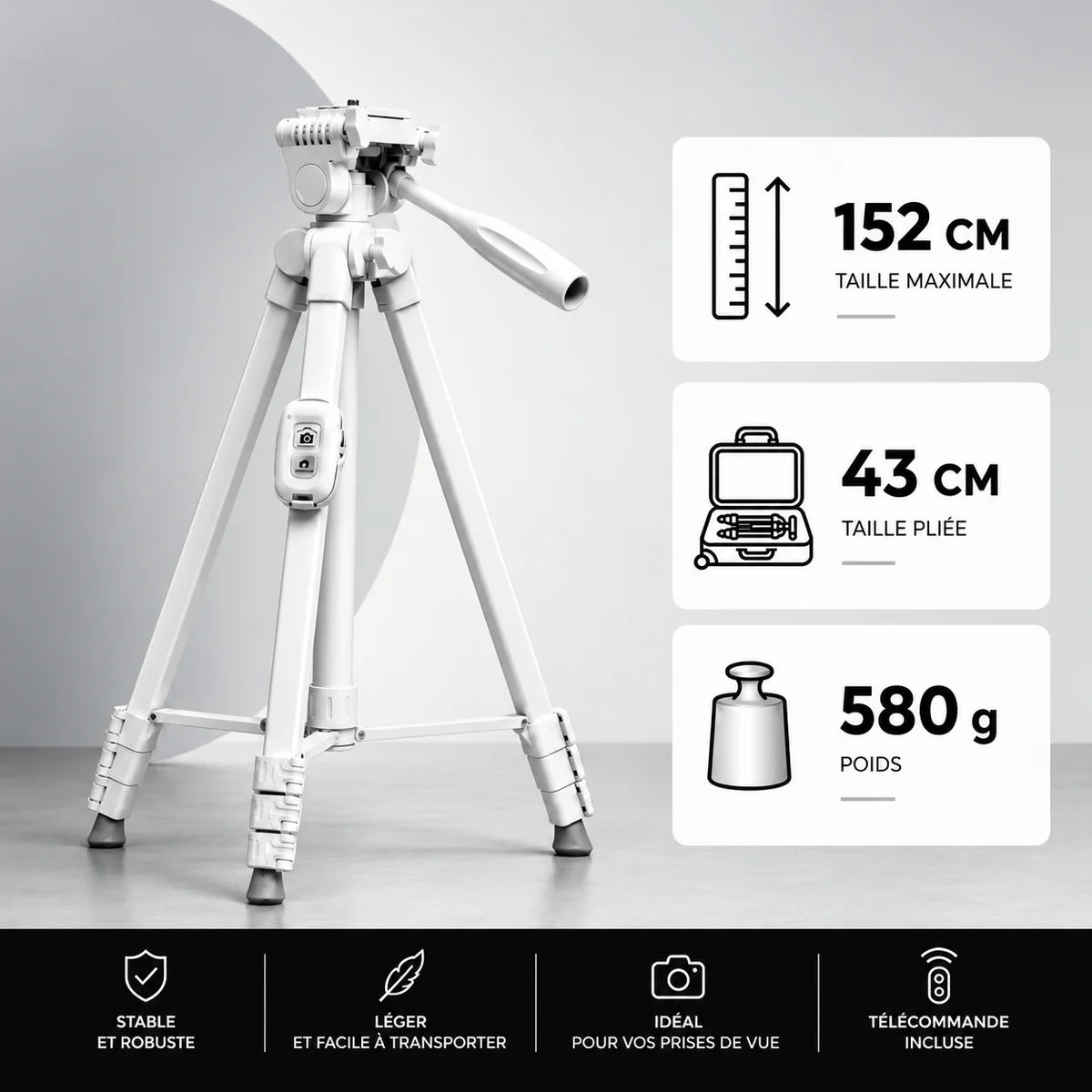 Trépied iPhone 152 CM Blanc - hauteur 152 cm, 43 cm plié et 580 g du trépied pour téléphone, Support Téléphone