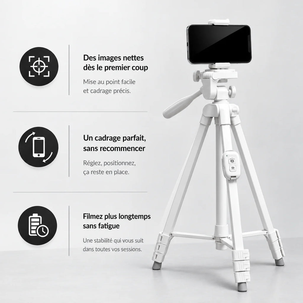 Trépied iPhone 152 CM Blanc - support smartphone et cadrage du trépied pour téléphone, Support Téléphone