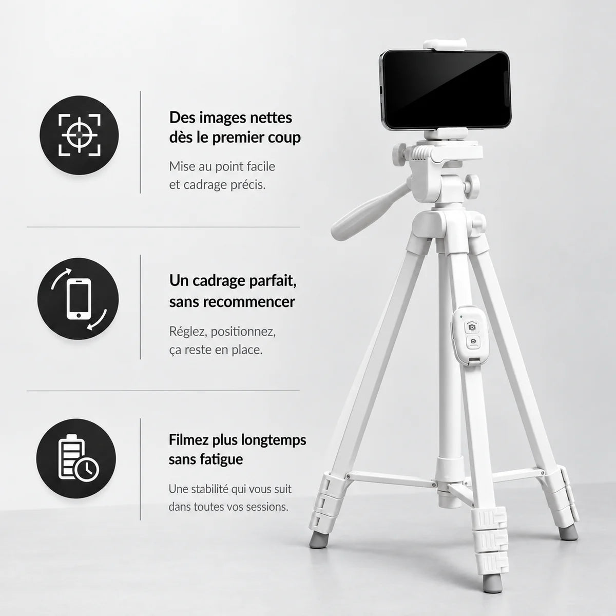 Trépied iPhone 152 CM Blanc - support smartphone et cadrage du trépied pour téléphone, Support Téléphone