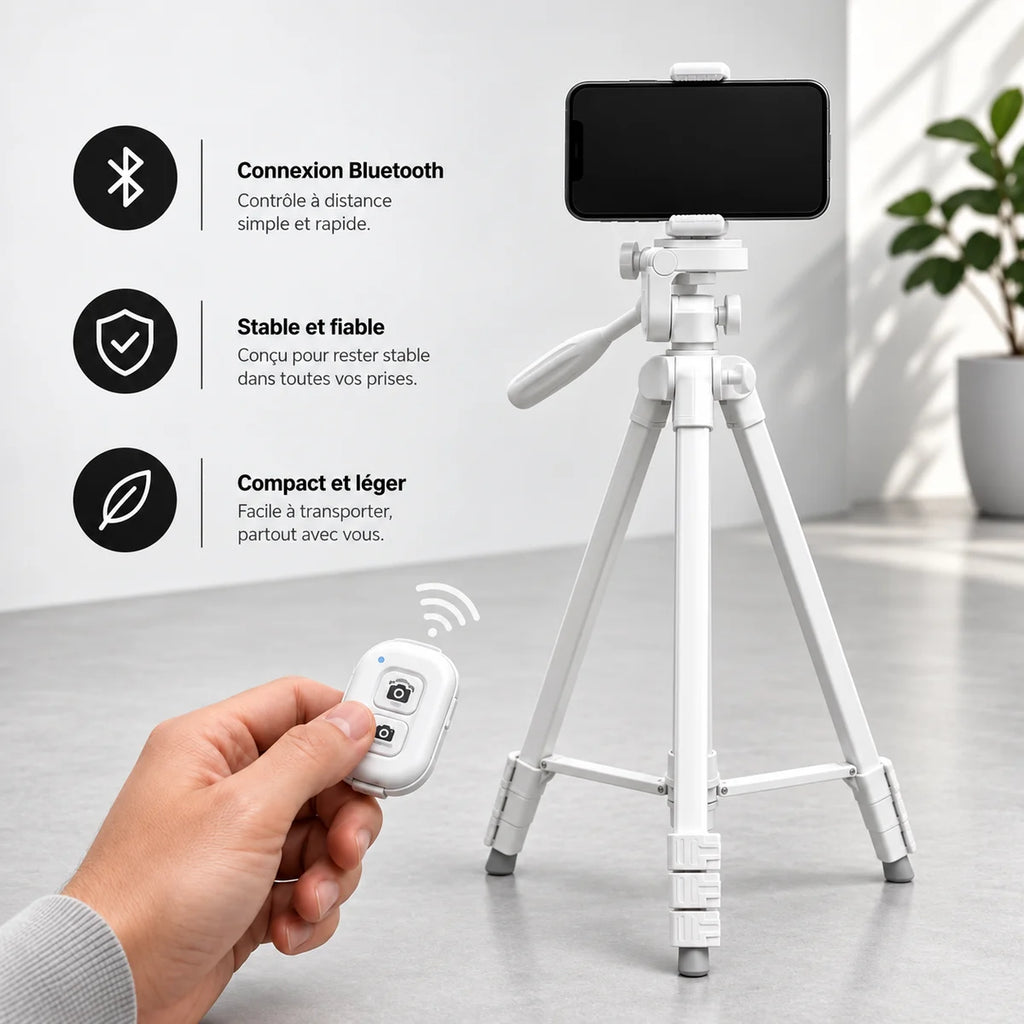 Trépied iPhone 152 CM Blanc - télécommande Bluetooth du trépied pour téléphone, Support Téléphone