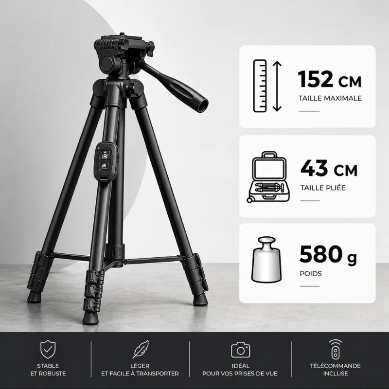 Infographie trépied iPhone noir : taille maximale 152 cm, taille pliee 43 cm, poids 580 g - 4 avantages : stable et robuste, léger et facile a transporter, idéal pour vos prises de vue, télécommande incluse