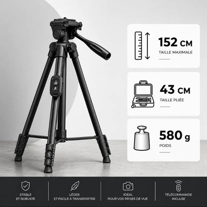 Infographie trépied iPhone noir : taille maximale 152 cm, taille pliee 43 cm, poids 580 g - 4 avantages : stable et robuste, léger et facile a transporter, idéal pour vos prises de vue, télécommande incluse