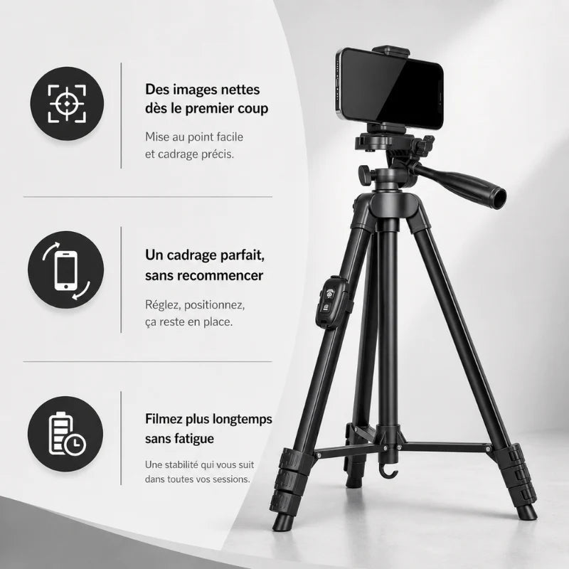 Trépied noir avec smartphone fixé en pince noire - infographie 3 avantages : images nettes des le premier coup, cadrage parfait sans recommencer, filmez plus longtemps sans fatigue