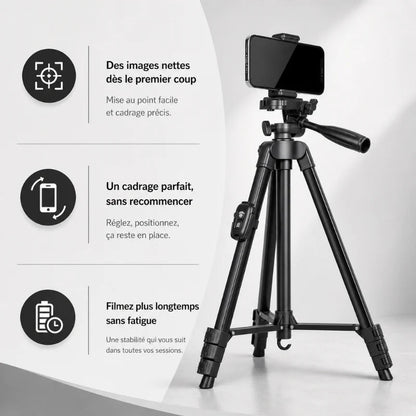 Trépied noir avec smartphone fixé en pince noire - infographie 3 avantages : images nettes des le premier coup, cadrage parfait sans recommencer, filmez plus longtemps sans fatigue