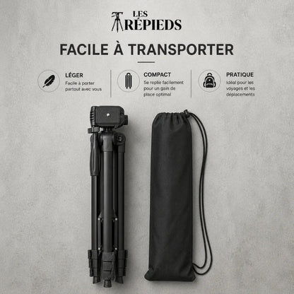 Trépied iPhone noir replié à plat a côté d une pochette de transport noire en tissu - logo Les Trépieds - infographie : léger, compact, pratique