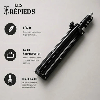 Trépied iPhone noir 160 cm replié à plat - logo Les Trépieds - infographie 3 avantages : léger aluminium, facile a transporter, pliage rapide en quelques secondes