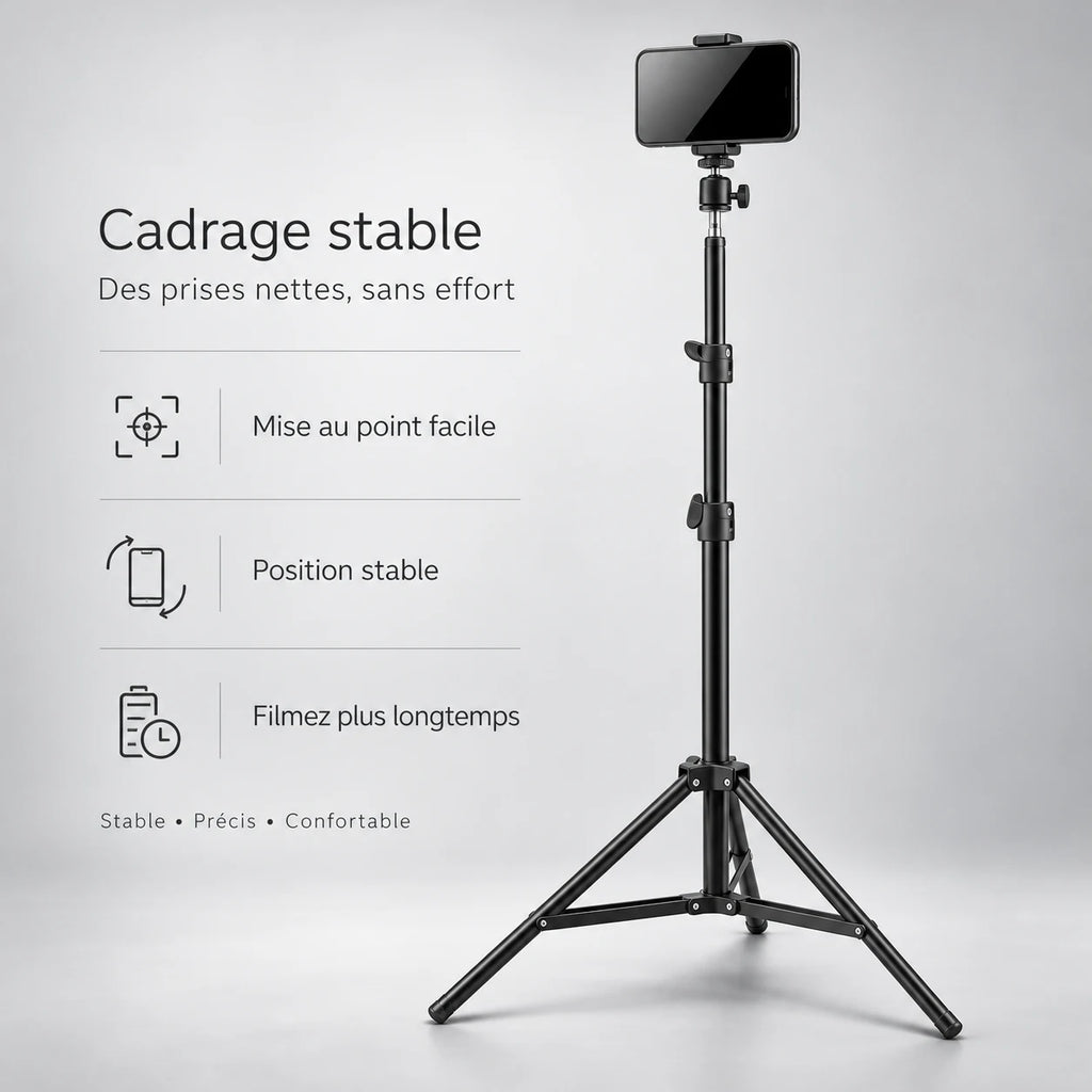 Trépied iPhone 160 CM Noir - format plié et transport du trépied pour téléphone, Réglable Anti-Vibrations