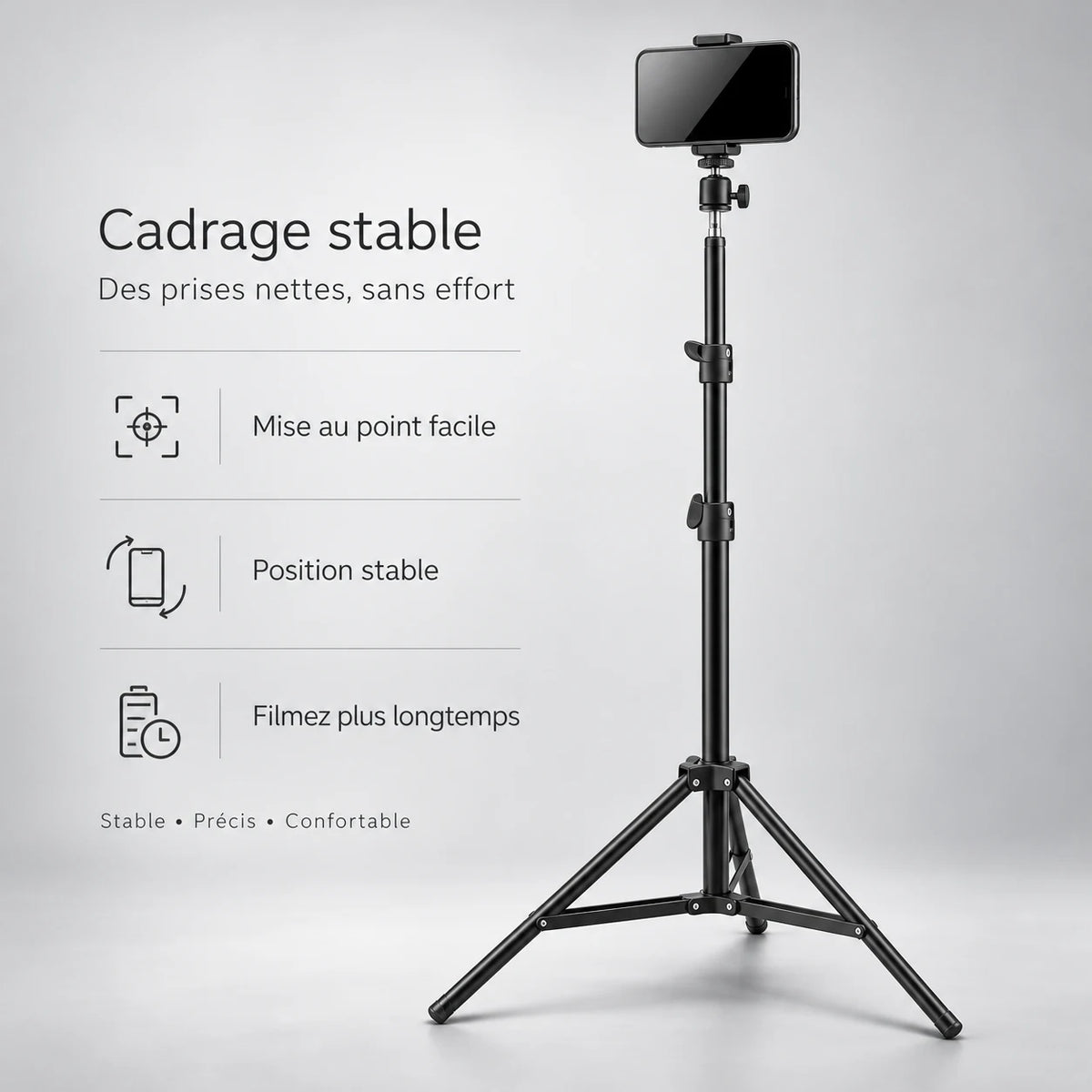 Trépied iPhone 160 CM Noir - format plié et transport du trépied pour téléphone, Réglable Anti-Vibrations