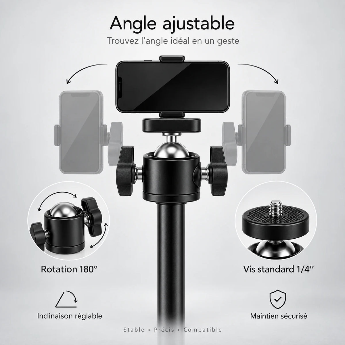 Trépied iPhone 160 CM Noir - réglage et fixation du trépied pour téléphone, Réglable Anti-Vibrations