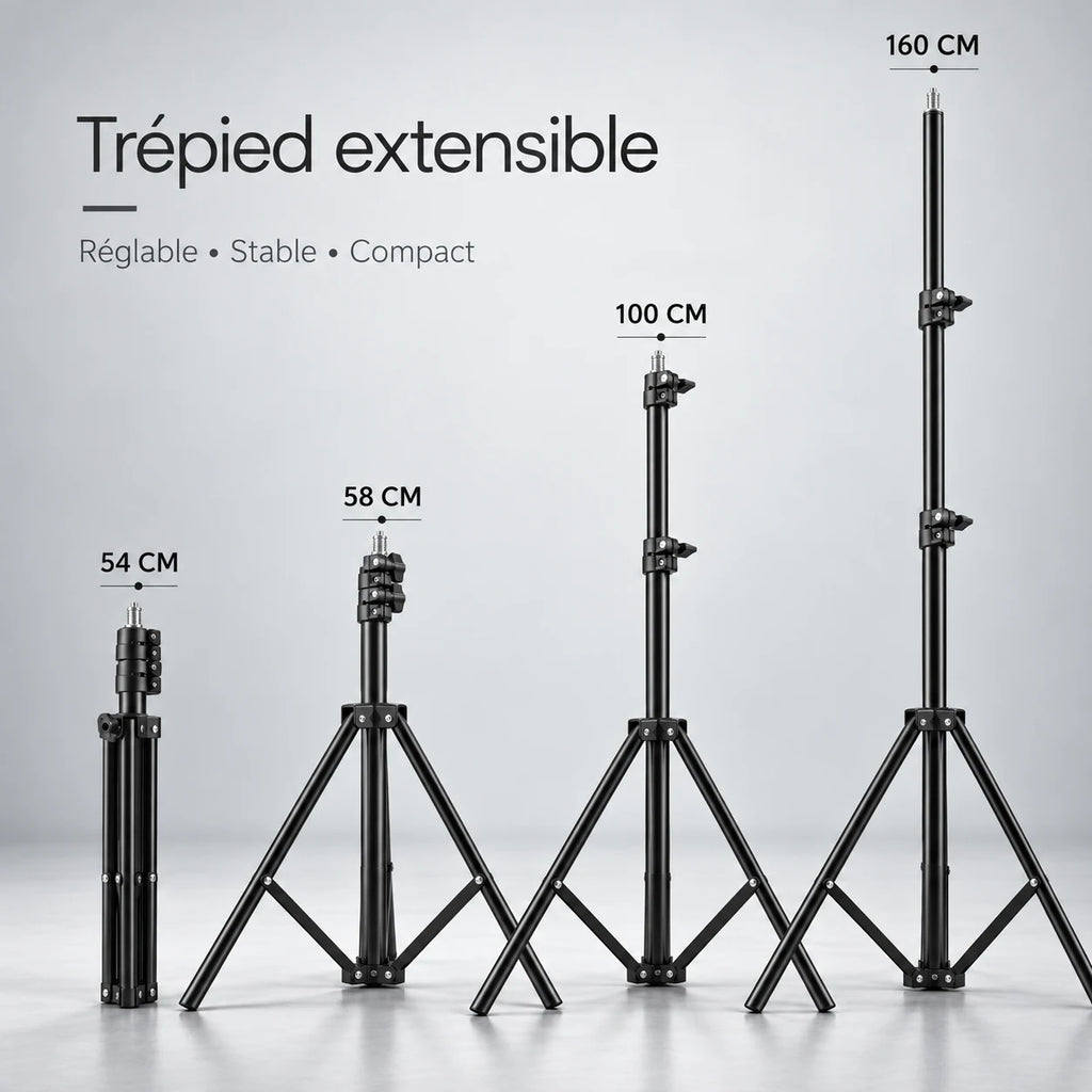 Trépied iPhone 160 CM Noir - vue de détail du trépied pour téléphone, Réglable Anti-Vibrations